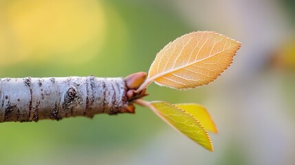 Poster - Close-up of delicate, new leaves emerging from a tree branch, showcasing intricate leaf veins and subtle color variations from pale yellow-green to light brown. : Generative AI