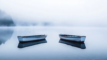 Aufkleber - Two small, blue rowboats peacefully rest on a still, misty lake, their reflections mirroring the tranquil scene.  The fog obscures the distant shoreline, creating a serene and mysterio : Generative AI
