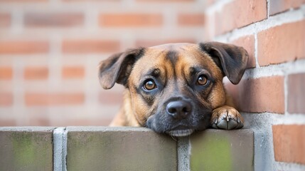 Poster - A brown and black mixed-breed dog rests its head and paw on a weathered brick wall, gazing intently at the viewer with soulful eyes. : Generative AI