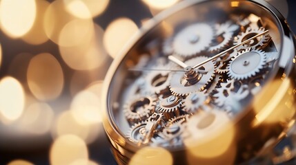 Leinwandbilder - Close-up view of intricate gold watch gears, bokeh lights background.  Detailed mechanism, precision engineering, timepiece components. : Generative AI