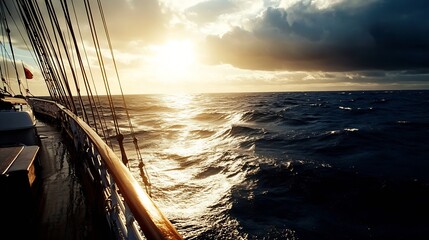 Aufkleber - Majestic sailing ship at sunset, navigating the deep blue ocean waves under a dramatic sky. Golden sunlight reflects on the water, creating a breathtaking seascape. : Generative AI