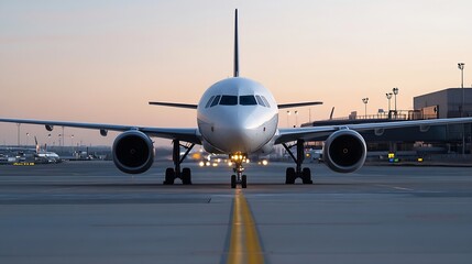 Poster - Passenger airplane taxiing on runway at sunrise, front view, showing engines and landing gear. : Generative AI