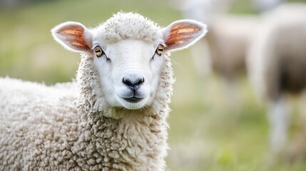 Poster - Close-up portrait of a young, fluffy white sheep, gazing directly at the camera in a lush green pasture.  Its soft wool and gentle expression create a peaceful, rural scene. : Generative AI