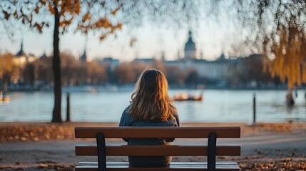 Poster - A young girl sits alone on a park bench, gazing at a calm lake and distant cityscape at sunset, autumn leaves scattered around. : Generative AI