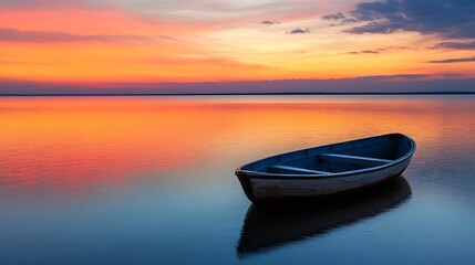 Aufkleber - Serene sunset over calm lake water, a small rowboat floats peacefully on the still surface, reflecting the vibrant orange and pink hues of the twilight sky. : Generative AI
