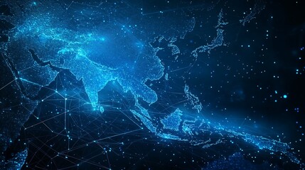 Global connectivity visualized. Asia's intricate network of digital links shines through a detailed map.  Intricate connections and points of data exchange form a dynamic visual representation
