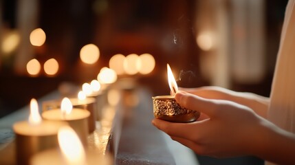 Aufkleber - Person holding a lit candle in church, surrounded by other candles creating a warm, peaceful atmosphere of prayer and reflection. : Generative AI