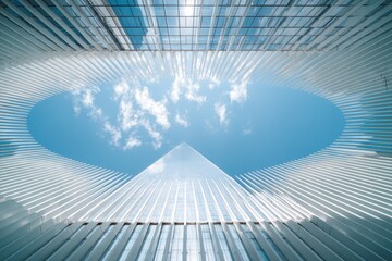Poster - Upward view of a modern glass building framed by metal ribs, with blue sky and clouds visible through an oval opening.