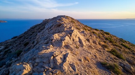 Poster - A rocky coastal peak overlooking a serene blue sea under a clear sky, bathed in the warm light of sunset, showcasing the rugged texture of the stone and sparse vegetation. : Generative AI
