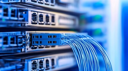 Poster - Close-up view of blue fiber optic cables connected to a network switch in a server rack, showcasing technology and connectivity. : Generative AI