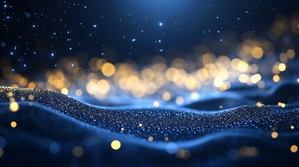 Aufkleber - Abstract blue and gold particle wave, shimmering texture with bokeh lights, digital art background ideal for technology, luxury, or festive designs. : Generative AI