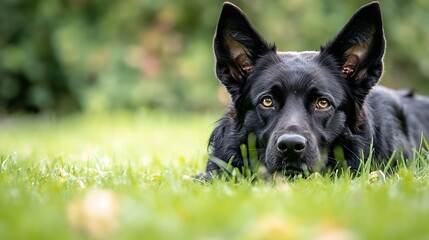 Poster - A black german shepherd dog lies in the grass, looking directly at the camera with calm, attentive eyes.  Its dark fur contrasts beautifully with the vibrant green of the lawn. : Generative AI