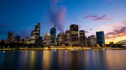 Poster - Sydney city skyline at twilight, illuminated skyscrapers reflected in calm water, vibrant sunset colors in the sky, modern architecture, urban landscape. : Generative AI