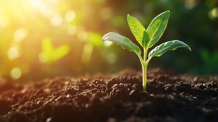 Aufkleber - A young seedling sprouts from rich soil, bathed in the warm glow of sunrise, symbolizing new life, growth, and the promise of a bountiful harvest. : Generative AI