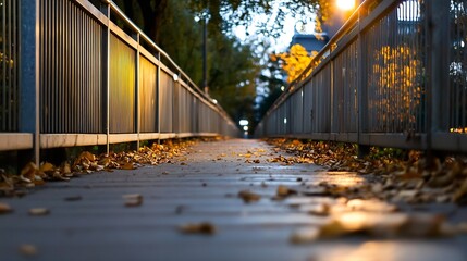 Poster - Autumn evening stroll along a city walkway, illuminated by warm streetlights, fallen leaves scattered on the wooden path between metal railings. : Generative AI