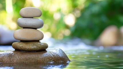 Poster - Serene Stack of Smooth River Stones by Calm Water, a Peaceful Zen Garden Scene in Nature with a Soft Green Bokeh Background. : Generative AI