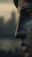 Poster - Close-up of a stone statue's profile, textured surface, showing detail of nose and mouth,  against a blurred background, conveying strength and timelessness