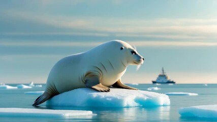 Wall Mural - wildlife in the marine environment. cute seal amidst snowy surroundings. bearded seal on ice, fin ra