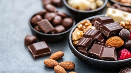 Poster - Close-up of dark chocolate pieces, almonds, walnuts, and raspberries in a black bowl, with additional chocolates in the background.  A delicious and tempting image perfect for food blo : Generative AI