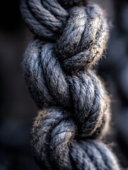 Poster - Close-up view of a thick, dark gray rope, intricately twisted and textured, showing detailed fibers and subtle variations in shading, creating a dramatic and visually appealing image. : Generative AI