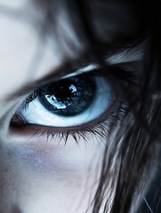 Poster - Close-up of a woman's striking blue eye, dark lashes, and strands of dark hair framing the eye, creating a dramatic and intense mood. : Generative AI