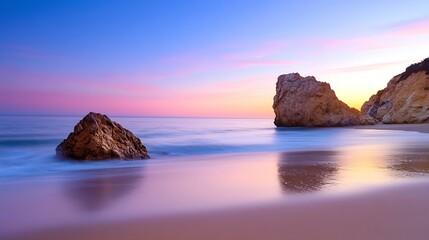 Aufkleber - Serene sunset over a secluded beach, featuring dramatic rock formations and soft, pastel-colored sky reflecting on the tranquil ocean waters. : Generative AI