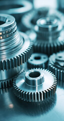 Poster - Closeup view of intricate metal gears showcasing precision engineering and industrial machinery components.  The image highlights the detailed craftsmanship and complex interlocking de : Generative AI