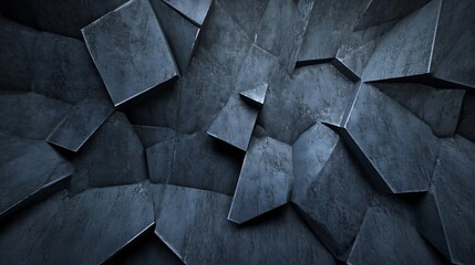 Fototapete - Abstract dark blue geometric shapes, resembling a fragmented concrete or stone wall, creating a textured and dramatic background. : Generative AI