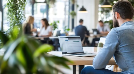 Poster - A man works on his laptop in a modern, busy co-working space filled with plants and other professionals, blurred in the background. : Generative AI