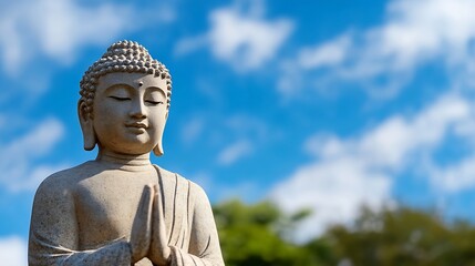 Poster - Serene Buddha statue, hands in prayer position, against a bright blue sky with fluffy white clouds, peaceful and tranquil outdoor scene. : Generative AI