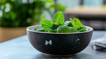 Poster - Fresh mint leaves in a dark ceramic bowl, sitting on a grey table with blurred green plants in the background.  A simple, healthy, and vibrant image perfect for culinary or wellness co : Generative AI