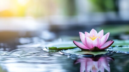Aufkleber - Serene pink water lily blossom floats gently on calm water, reflecting its beauty in a tranquil pond, bathed in soft sunlight. : Generative AI