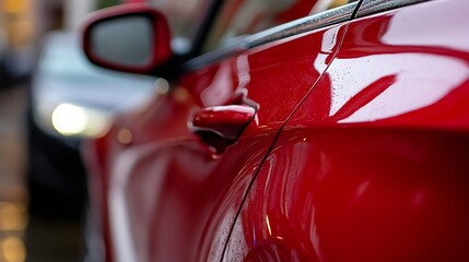 Aufkleber - Close-up view of a red car's door, showcasing its glossy paint and subtle water droplets, with a blurred city background suggesting an urban setting. : Generative AI