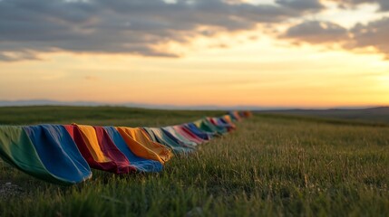 Poster - Colorful fabrics laid out in a line across a grassy field at sunset, creating a vibrant and peaceful scene. : Generative AI