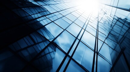Poster - Modern skyscraper facade, blue glass panels reflecting sky, low angle view, architectural detail, urban scene, business district, corporate building, contemporary design, geometric pat : Generative AI