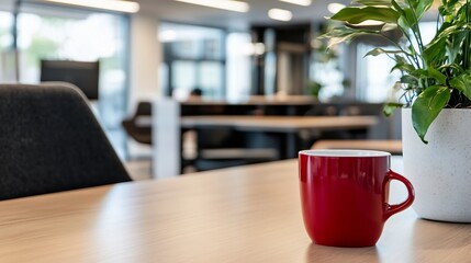 Aufkleber - Red coffee mug on light wood desk in modern office, blurred background with plants and coworkers, creating a calm workspace atmosphere. : Generative AI