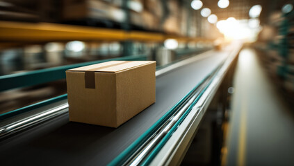 Aufkleber - A cardboard box moves along a conveyor belt in a large warehouse facility, showcasing efficient logistics and distribution processes.