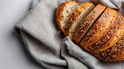 Poster - Close-up view of a golden rye bread loaf with neatly sliced pieces arranged on a soft linen cloth. Ideal for bakery showcases or culinary presentations