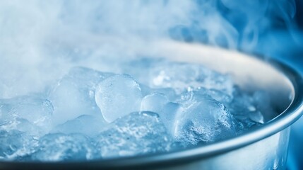 Poster - Close-up view of ice cubes in a metal bowl, emitting cold vapor; frosty, glacial texture; blue tones, cool temperature. : Generative AI