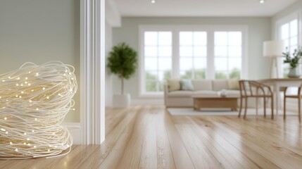 Poster - Glowing cable strands flow from a digital portal into a softly blurred home interior, featuring warm wood floors, a cozy living area, and natural light