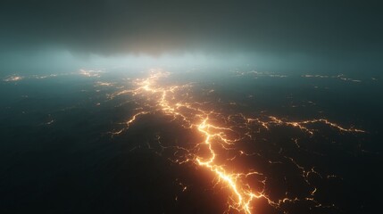 Leinwandbilder - An abstract arrangement of luminous particles creates a terrain-like grid pattern in the dark void, leaving space for additional elements on the right side