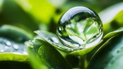 Aufkleber - Crystal sphere reflecting a delicate green plant, nestled amongst lush, dewy leaves.  A vibrant image evoking themes of nature, purity, and environmental harmony. : Generative AI
