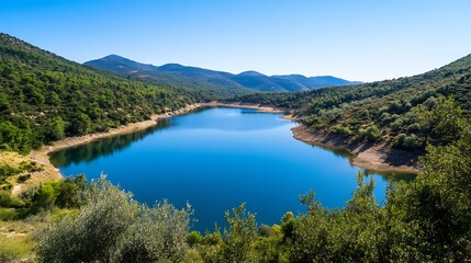 Poster - Serene mountain lake nestled in a valley, surrounded by lush green vegetation under a clear blue sky.  The tranquil water reflects the surrounding hills, creating a picturesque landsca : Generative AI