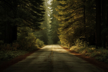 Poster - Forest road scene, sunlight filtering through tall trees, creating a mystical atmosphere, suggestive of journey, adventure, or serenity