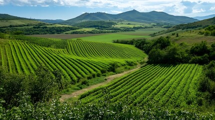 Poster - Vineyard rows on rolling hills under a partly cloudy sky, showcasing a picturesque landscape with distant mountains. : Generative AI