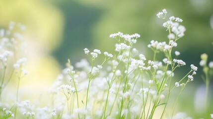 Poster - Delicate white wildflowers sway gently in a soft, green meadow, bathed in the warm glow of sunlight, creating a serene and peaceful natural scene. : Generative AI