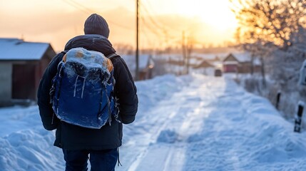 Aufkleber - A lone hiker with a snow-covered backpack walks down a snowy path at sunset, the village houses are visible in the background. : Generative AI