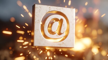 Fototapete - A glowing email icon hovers above a blended orange and black gradient background, surrounded by fiery streaks and digital embers, conveying connectivity and creativity