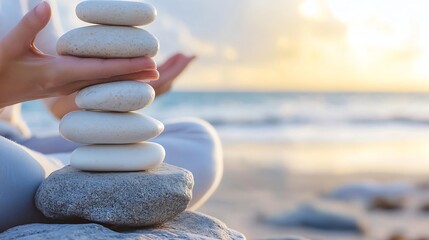 Poster - Woman's hands carefully balance a stack of smooth, white stones on a grey rock near the ocean at sunset, creating a serene and peaceful scene. : Generative AI