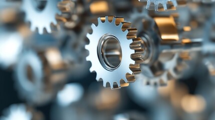 Aufkleber - Close-up of metallic gears, intricate details, precise engineering, industrial machinery, complex mechanism, silver cogwheels, mechanical parts, technology concept, seamless interactio : Generative AI
